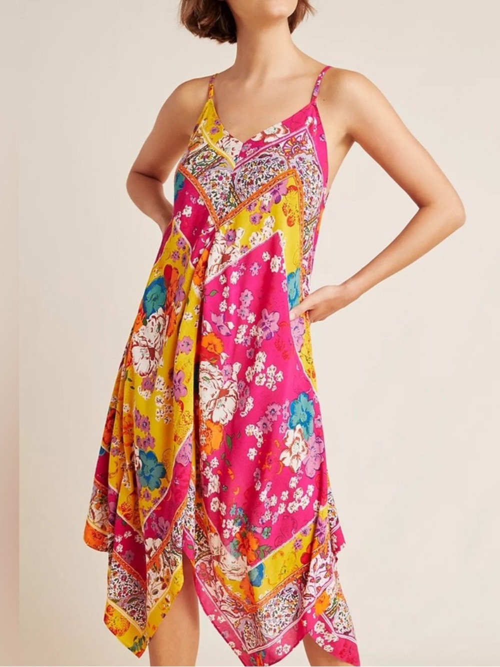 Anthropologie Floral Patchwork V-Neck Slip Dress in Pink & Yellow Size M/L